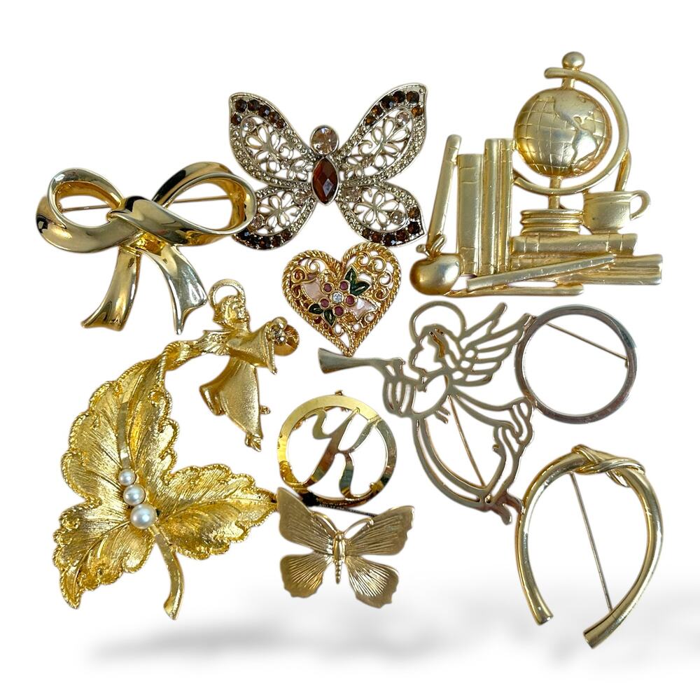 Vintage Brooches Gold Tone Mixed Jewelry Lot